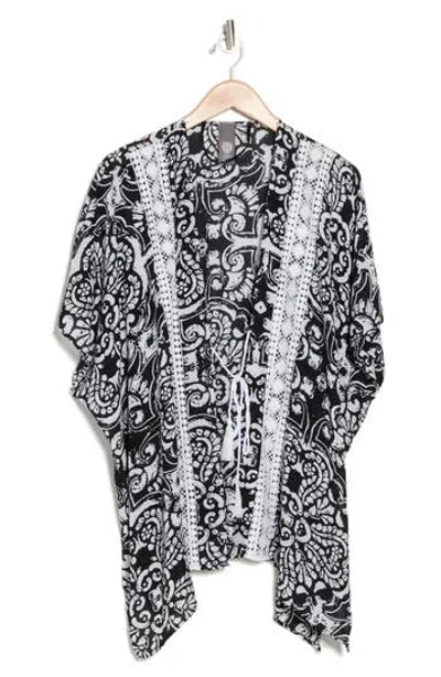 Vince Camuto Mixed Print Crochet Lace Ruana In Black
