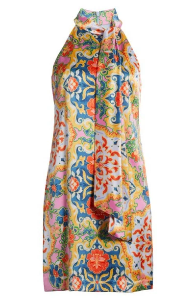 Vince Camuto Mixed Print Scarf Detail Satin Dress In Blue