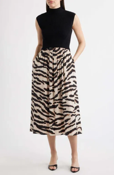 Vince Camuto Mock Neck Cap Sleeve Midi Dress In Black