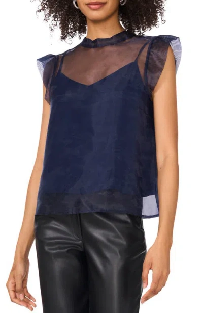 Vince Camuto Mock Neck Cap Sleeve Organza Top In Classic Navy