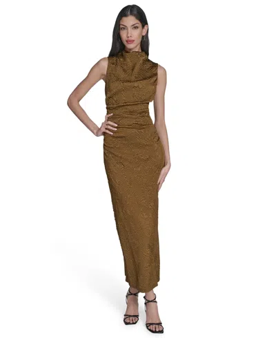 Vince Camuto Novelty Knit High Cowl Neck Ruche Waist Bodycon Dress In Brown