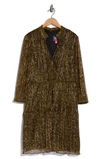 Vince Camuto Novelty Ruffle Neck Long Sleeve Trapeze Dress In Gold