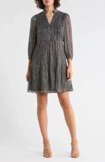 Vince Camuto Novelty Ruffle Neck Long Sleeve Trapeze Dress In Gray