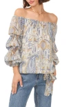 Vince Camuto Women's Paisley-print Off-the-shoulder Bubble 3/4-sleeve Tie-front Blouse In Cream Multi