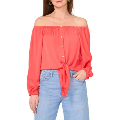 Vince Camuto Off The Shoulder Tie Hem Button-up Top In Cayenne