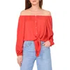 Vince Camuto Off The Shoulder Tie Hem Button-up Top In Red