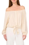 Vince Camuto Off The Shoulder Tie Hem Button-up Top In Turtledove