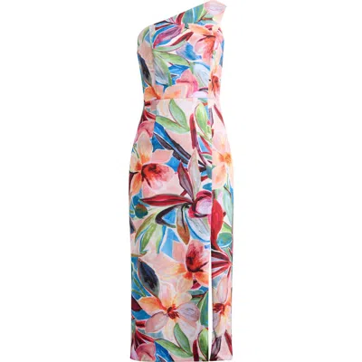 Vince Camuto One-shoulder Tropical Floral Midi Dress In Multi