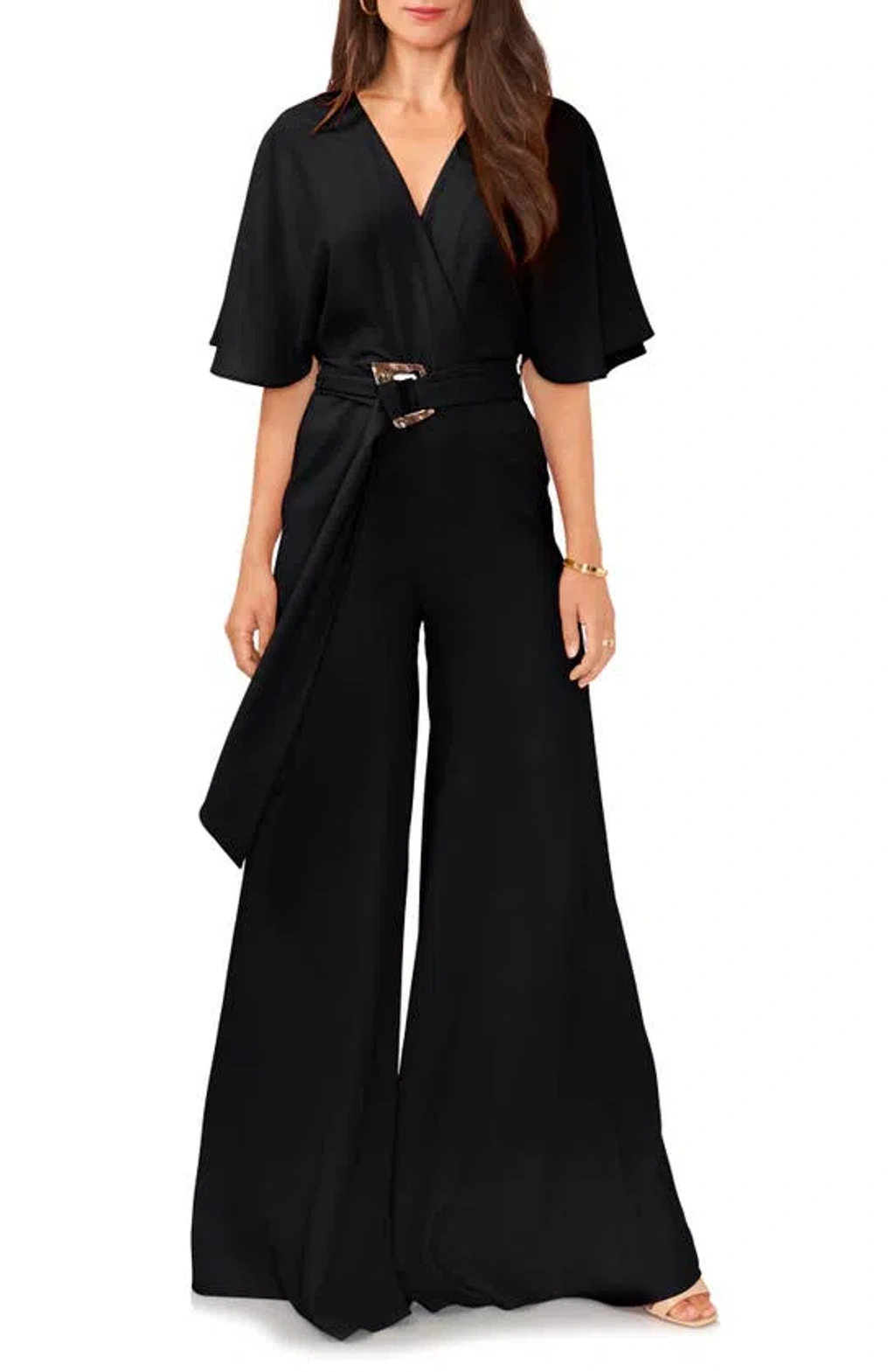 Vince Camuto Open Back Wide Leg Belted Jumpsuit In Black ModeSens