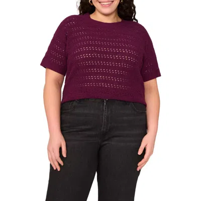 Vince Camuto Open Stitch Short Sleeve Crewneck Sweater In Purple