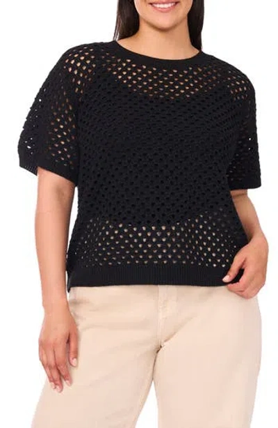 Vince Camuto Open Stitch Short Sleeve Sweater In Black