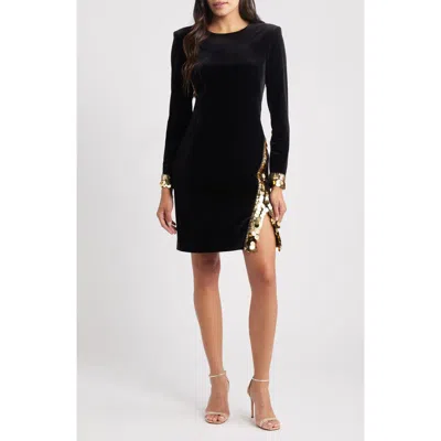 Vince Camuto Paillette Detail Long Sleeve Velvet Cocktail Dress In Black