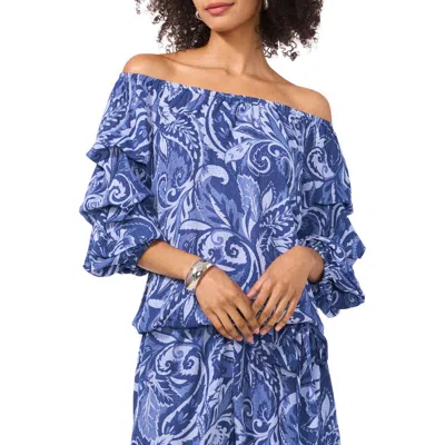 Vince Camuto Paisley Floral Off The Shoulder Bubble Sleeve Top In Denim