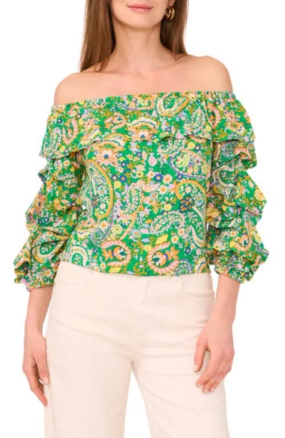 Vince Camuto Paisley Floral Tiered Balloon Sleeve Top In Green Multi