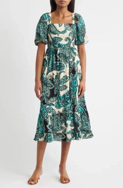 Vince Camuto Paisley Print Puff Sleeve Midi Dress In Green