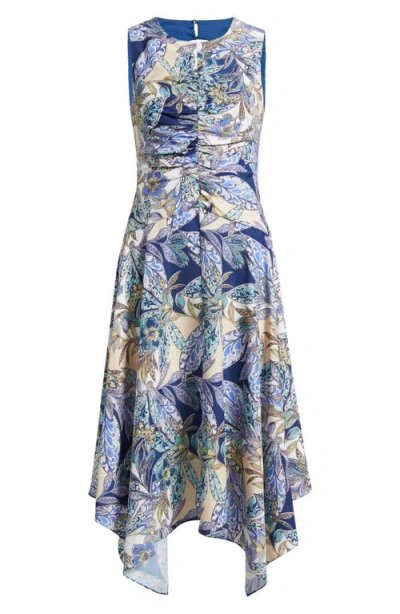 Vince Camuto Paisley Ruched Sleeveless Handkerchief Hem Dress In Blue Multi