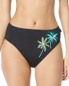 Vince Camuto Palm Embroidered High Waist Bikini Bottom In Black