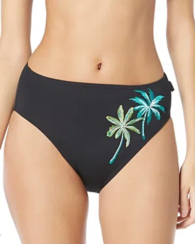 Vince Camuto Palm Embroidered High Waist Bikini Bottom In Black