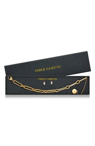 Vince Camuto Paperclip Chain Bracelet & Cubic Zirconia Stud Earrings Gift Set In Gold
