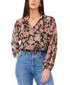 Vince Camuto Peasant Blouse Womens Black Floral Split Neck Long Sleeve Buu037 In Black