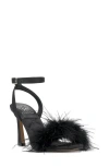 Vince Camuto Penely Ankle Strap Sandal In Black Satin Party Feathers