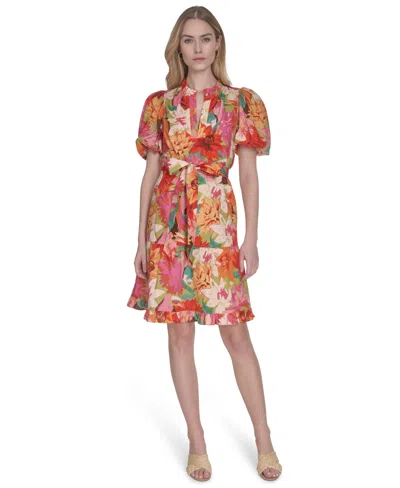 Vince Camuto Petite Cotton Floral-print Puffed-sleeve Dress In Multi
