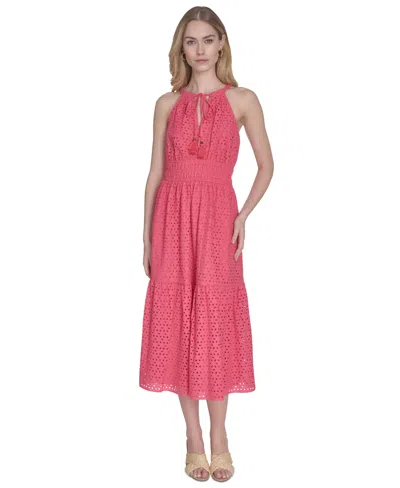 Vince Camuto Petite Cotton Tie-neck Sleeveless Tiered Dress In Pink