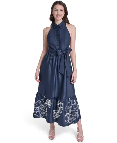 Vince Camuto Petite Embroidered Midi Shirt Dress In Blue