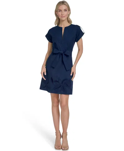 Vince Camuto Petite Embroidered V-neck Short Dress In Blue