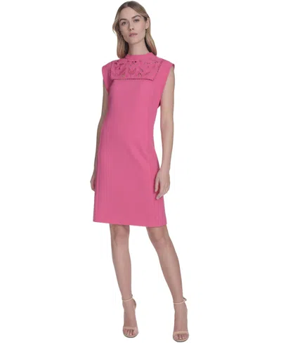 Vince Camuto Petite Laser-cut Cap-sleeve Shift Dress In Hot Pink
