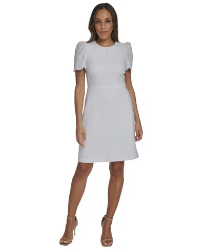 Vince Camuto Petite Laser-cut Trim Detail Fit & Flare Dress In White