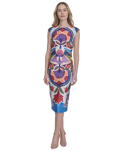 Vince Camuto Petite Placement-print Cap-sleeve Midi Dress In Blue