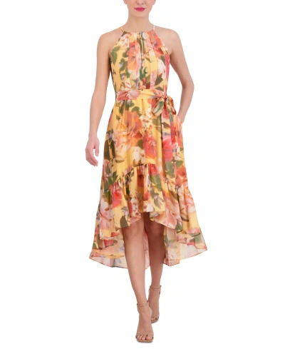 Vince Camuto Petite Printed Chiffon Halter Dress In Yellow