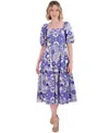 Vince Camuto Petite Printed Cotton Puff-sleeve Midi Dress In Blue Multi