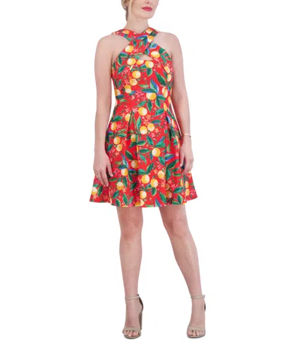 Vince Camuto Petite Printed High-neck Sleeveless Fit & Flare Dress In Red