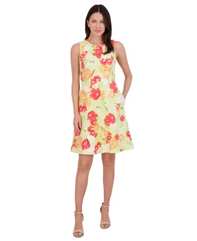 Vince Camuto Petite Printed Jewel-neck Sleeveless Dress In Green Multi