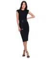 Vince Camuto Petite Round-neck Belted Short-sleeve Dress In Black