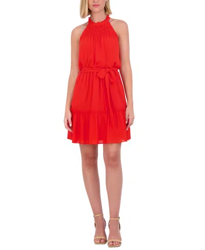 Vince Camuto Petite Smocked Halter Fit & Flare Dress In Poppy
