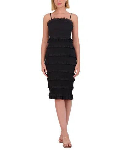 Vince Camuto Petite Smocked Ruffle-trim Bodycon Dress In Black