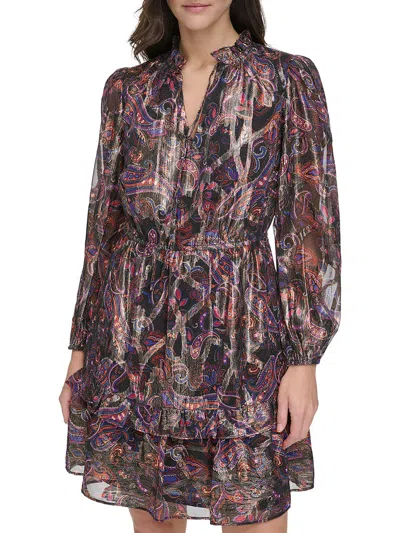 Vince Camuto Petites Womens Metallic Ruffled Mini Dress In Multi