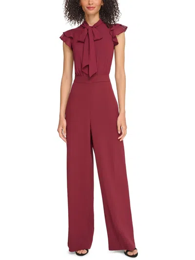 Vince Camuto Petites Womens Tie Neck Flutter Sleeve Jumpsuit In Red