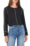 Vince Camuto Piped Long Sleeve Crêpe De Chine Top In Rich Black
