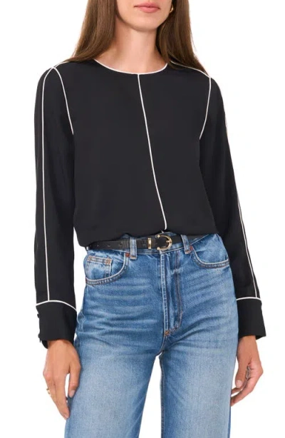Vince Camuto Piped Long Sleeve Crêpe De Chine Top In Rich Black