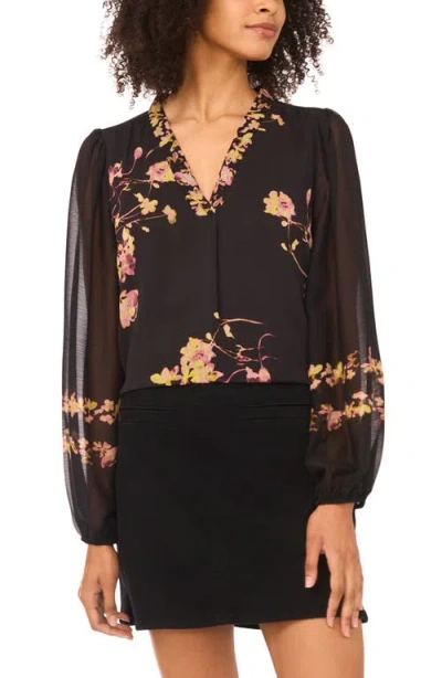 Vince Camuto Placed Floral Long Sleeve Top In Black