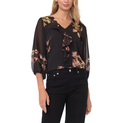 Vince Camuto Placed Floral Ruffle Detail Top In Black