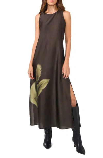 Vince Camuto Placed Print Sleeveless Matte Satin Dress In Military Green