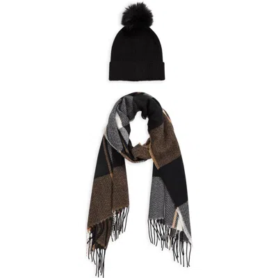Vince Camuto Plaid Wrap Scarf & Faux Fur Pompom Beanie Set In Black