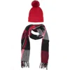 Vince Camuto Plaid Wrap Scarf & Faux Fur Pompom Beanie Set In Red