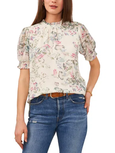 Vince Camuto Plus Garden Romance Womens Smocked Floral Blouse In White