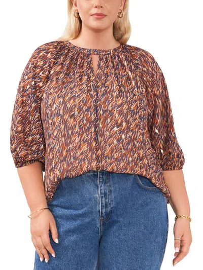 Vince Camuto Plus Mood Indigo Womens Keyhole Printed Blouse In Brown